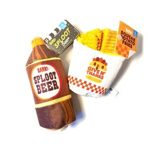 NWT BarkBox Bundle “Sploot Beer” and “Squeak Potato Fries” Dog Toy